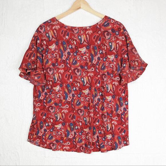 Loft Red Paisley Ruffle Top Short Sleeve Large Women's - Picture 2 of 9